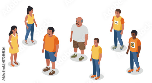 Isometric diverse group of people in casual clothing on white background