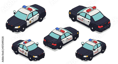 Isometric police cars set with red and blue sirens