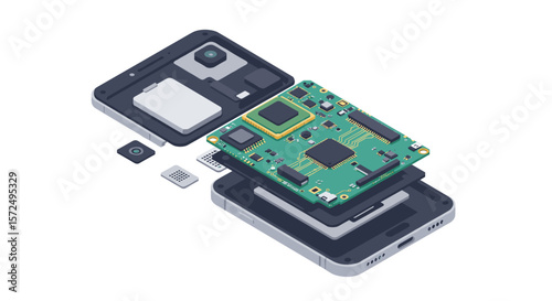 Exploded view of smartphone components in isometric style
