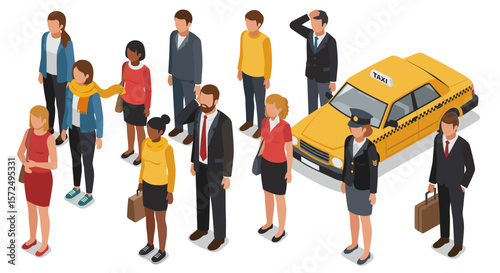 Diverse group of people waiting for a taxi in an isometric style