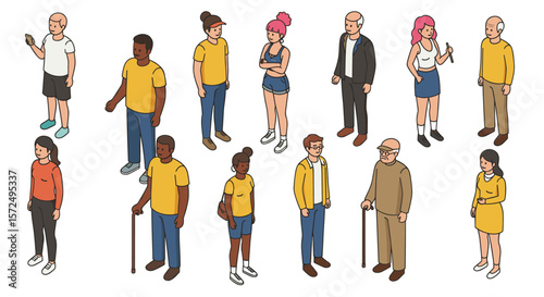 Diverse group of people in isometric style with modern fashion and technology