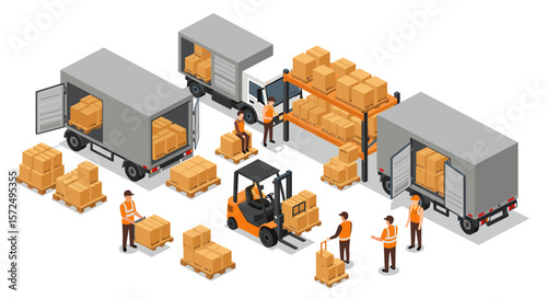 Isometric logistics and delivery scene featuring trucks and workers