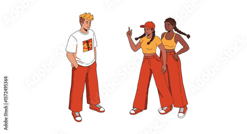 Casual streetwear fashion with diverse friends engaging in conversation