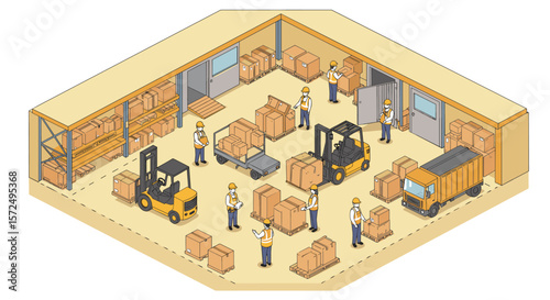 Isometric warehouse with workers handling shipments and loading machinery