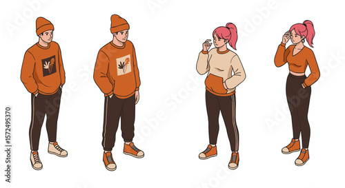 Casual fashion trends: young adults in cozy autumn streetwear