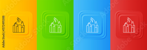 White Fire in burning buildings on city street icon isolated on colorful background. Destroyed city on fire. Set icons in square buttons. Vector