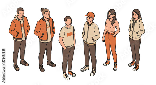 Casual fashionable outfits with diverse characters in modern isometric style