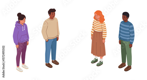 Diverse group of cartoon characters in casual clothing standing on white background