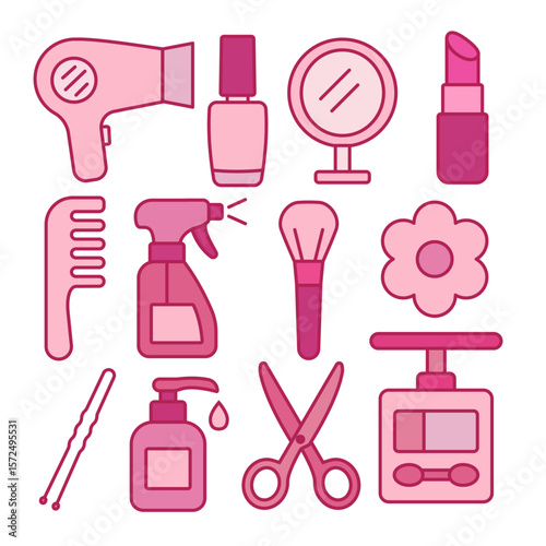 Illustration showing a set of bright pink icons of women's accessories for a beauty salon. (hair dryer, comb, hairspray, etc.) on a white background