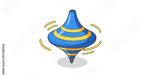 Colorful spinning top with blue and yellow stripes in cartoon style