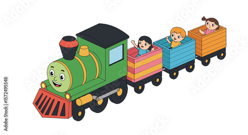 Colorful cartoon train with happy children on a fun ride