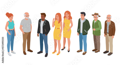 Diverse group of people in casual outfits standing together in isometric style