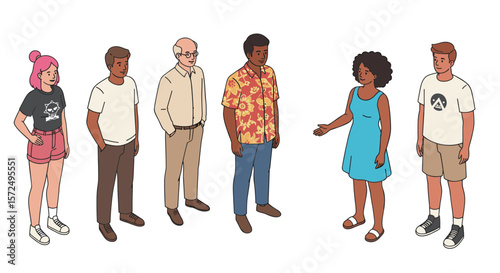 Diverse group of cartoon people engaged in conversation on white background