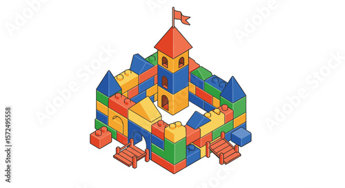 Colorful geometric block castle with tower and flag in isometric style