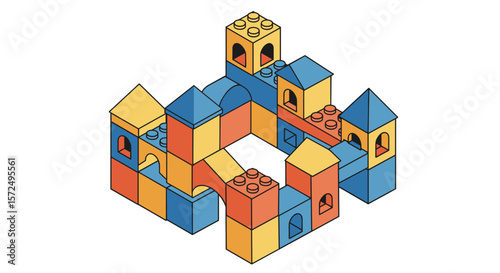 Colorful isometric toy blocks forming a geometric castle