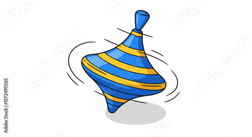 Blue and yellow spinning top with dynamic motion lines on white background