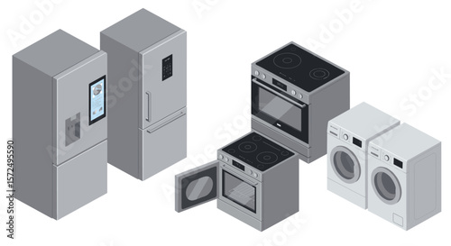 Modern isometric kitchen appliances set including refrigerator and oven