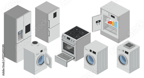 Modern isometric kitchen and laundry appliances set with refrigerator and oven