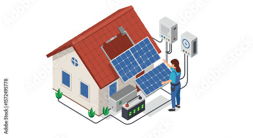 Home solar panel installation isometric design with energy monitoring system