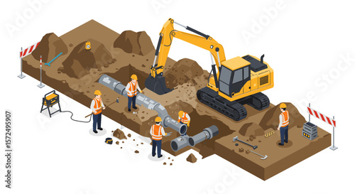 Isometric construction scene with excavator and workers on pipeline repair site