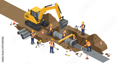 Isometric construction site with workers and heavy machinery in action