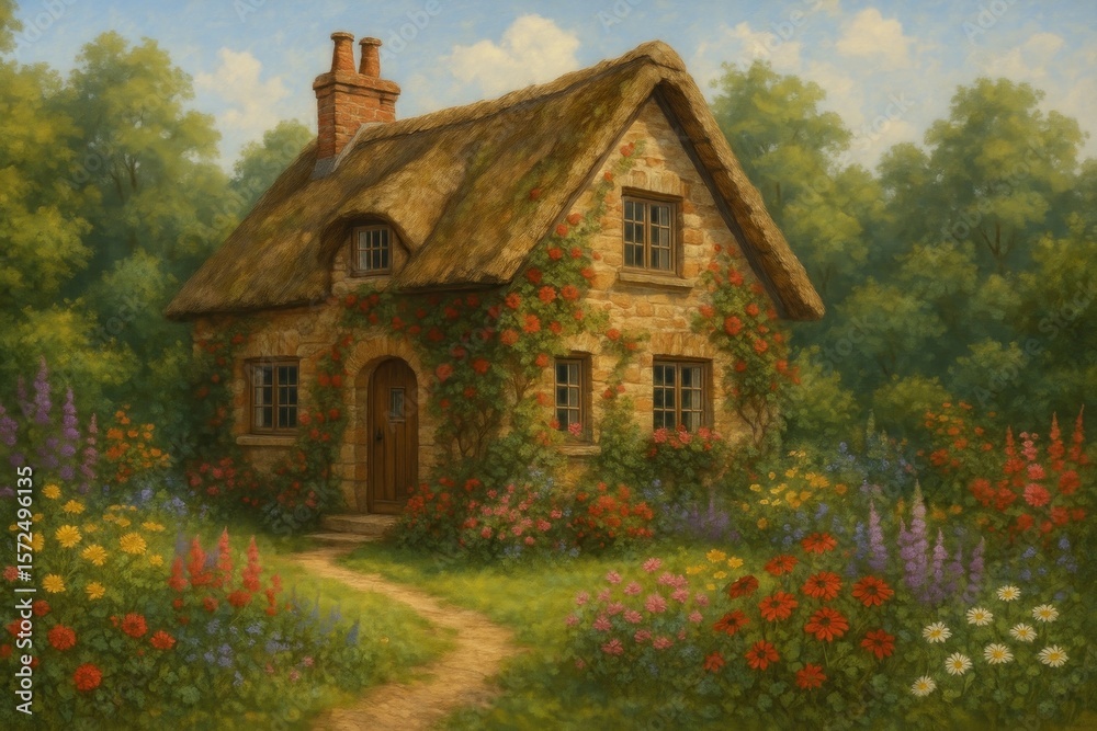 Fototapeta premium Charming cottage amidst vibrant garden.