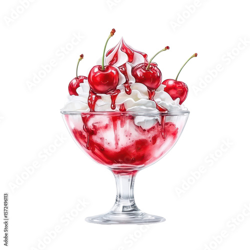 Wallpaper Mural Cherry Sundae Delight: A delectable cherry sundae, adorned with luscious cherries and a generous swirl of whipped cream, sits in a crystal sundae dish. The rich cherry sauce cascades down the sides. Torontodigital.ca