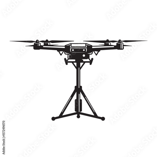 Isolated black and white illustration of a modern drone with tripod support system