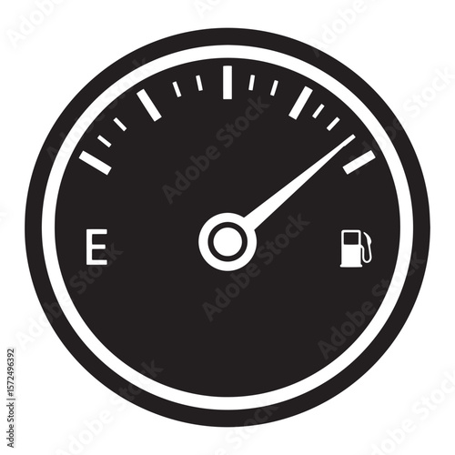 Minimalist black and white fuel gauge illustrating low fuel level and need for refueling