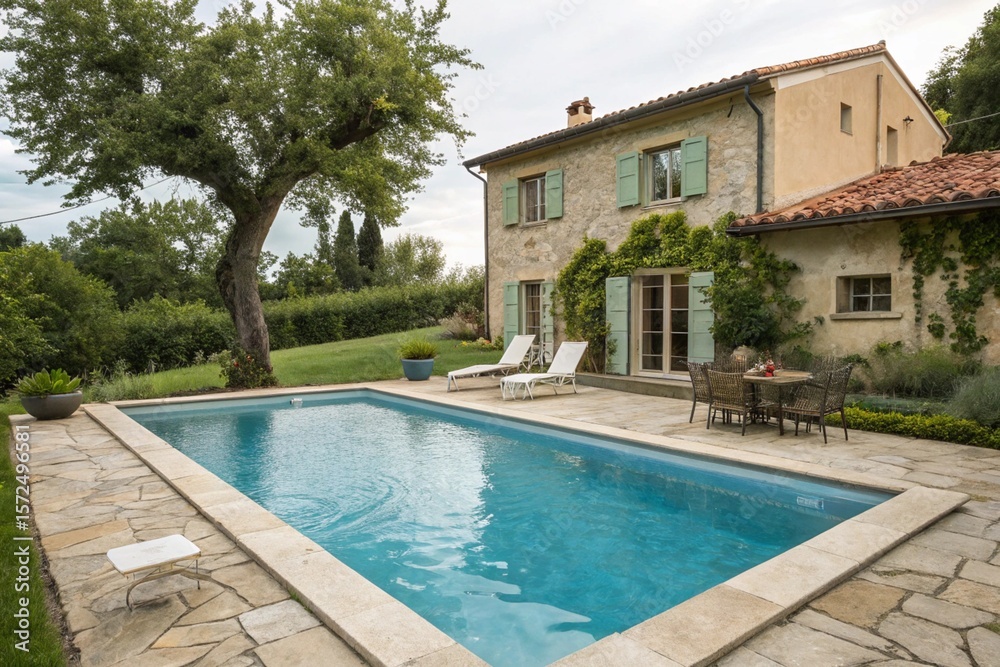 Fototapeta premium Luxury countryside home with blue swimming pool, lounge chairs, and landscaped backyard. Real estate vacation property featuring modern exterior, green trees, summer sky, and relaxing ambiance.