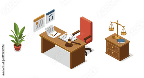 Isometric office setup with desk scales of justice gavel and red chair