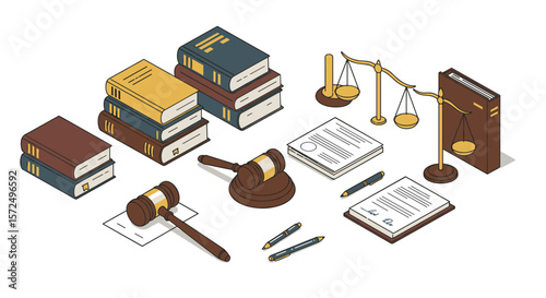 Legal office supplies in isometric style featuring books, scales, and gavel