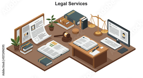 Isometric office design for legal services with scales of justice and documents