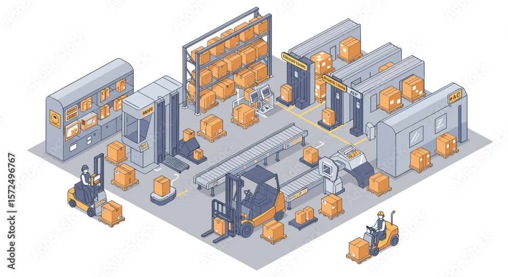 Fototapeta premium Isometric warehouse automation with robots and boxes in modern logistic center