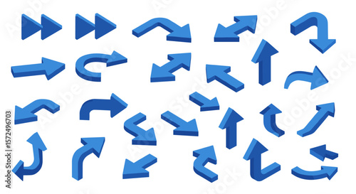 Collection of 3d blue arrows in various directions and shapes
