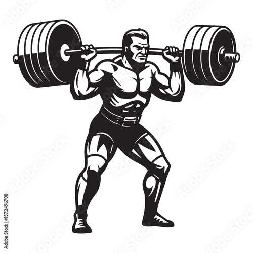 Powerful weightlifter executing a squat exercise depicted in classic black and white vector art