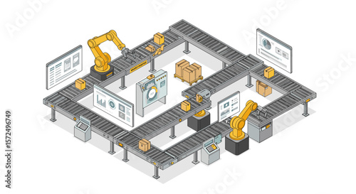 Isometric warehouse automation with robotic arms on conveyor belt systems