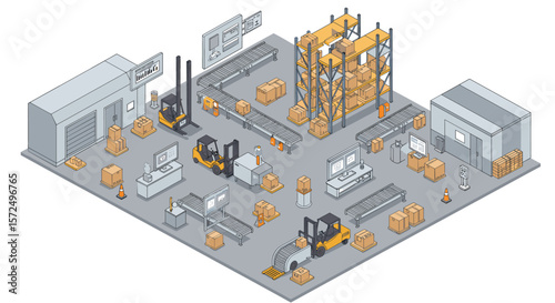 Isometric warehouse scene with forklifts and conveyor belt in a modern storage facility