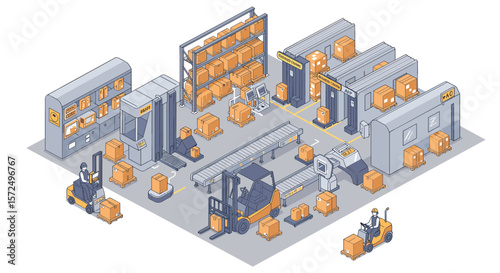 Isometric warehouse automation with robots and boxes in modern logistic center