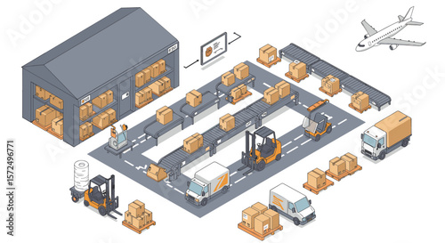 Isometric warehouse and logistics setup with cargo management and transportation