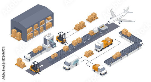 Isometric warehouse logistics with conveyor belts, delivery vehicles, and air transport