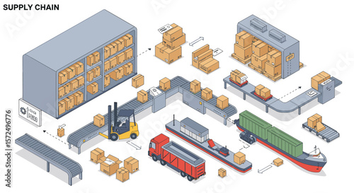 Isometric supply chain warehouse and logistics with conveyor belts and packages