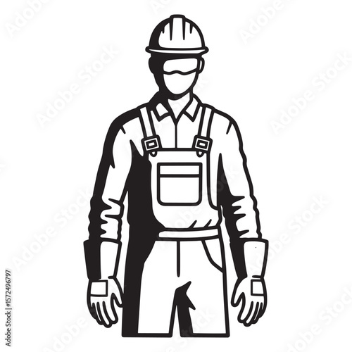 Professional construction worker illustration depicting safety and protection in bold black and white