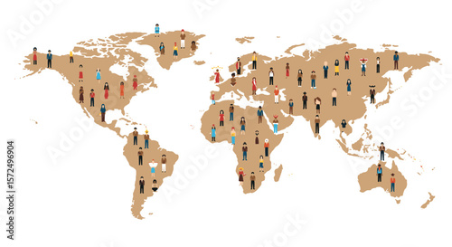 Diverse global community on world map with human icons