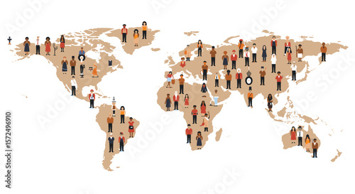 Global community people around the world on map background in flat style