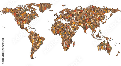 World map composed of diverse people icons in a flat design