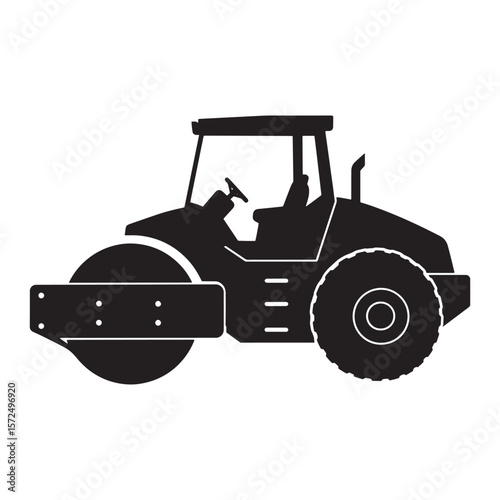Silhouette illustration of a construction road roller compacting pavement on a white background