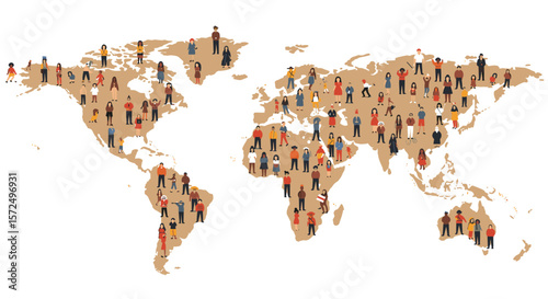 Global community concept with people on world map in flat style