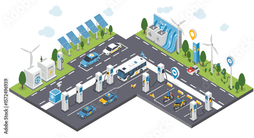 Isometric sustainable city with electric vehicles and renewable energy sources