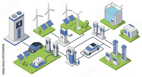 Sustainable energy ecosystem with electric cars, charging stations, and solar panels in isometric design